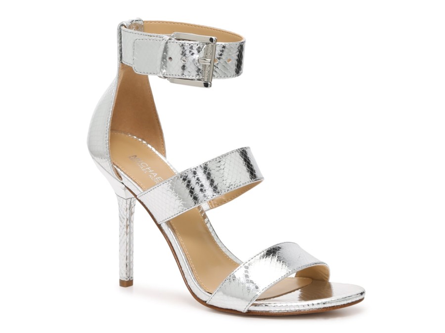 New Michael Michael Kors Amal Sandal Silver Metallic Snake Print