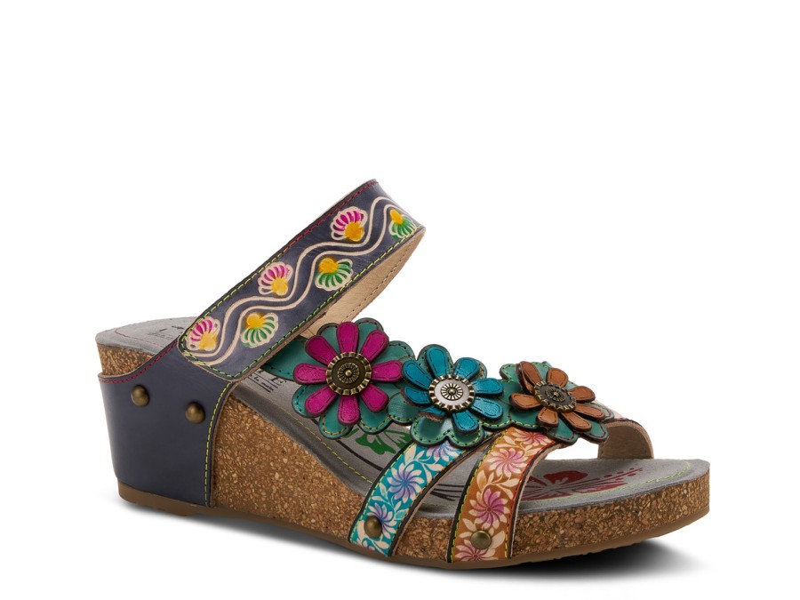 New L'Artiste by Spring Step Delight Wedge Sandal Navy Multicolor