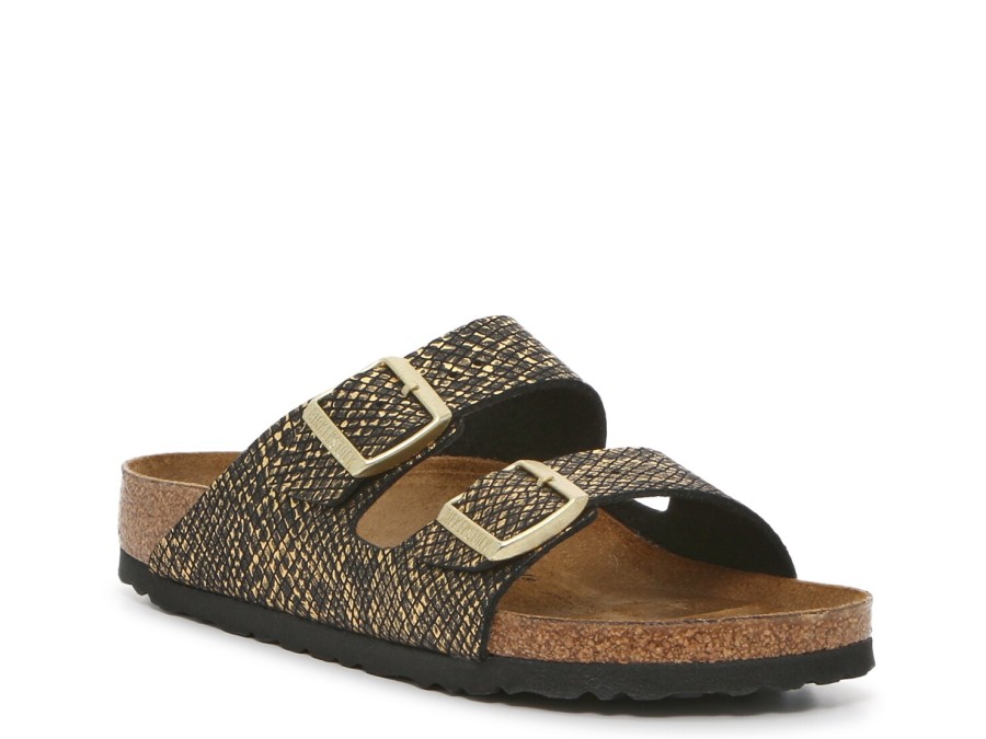 New Birkenstock Arizona Sandal - Women'S Black/Gold Metallic Snake Print